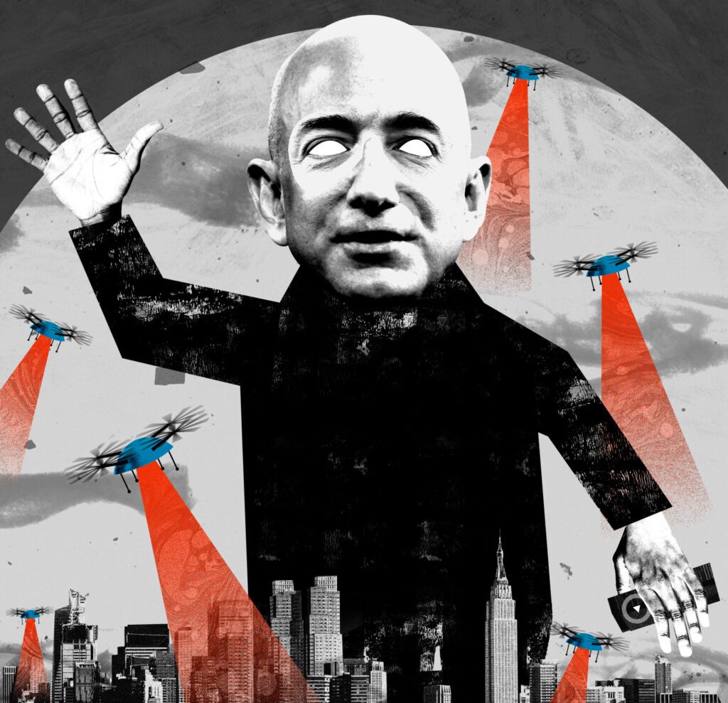 Jeff Bezos controlla il mondo con droni telecomandati, per mostrare in modo ironico che Amazon è il simbolo di un nuovo capitalismo tecnologico.  