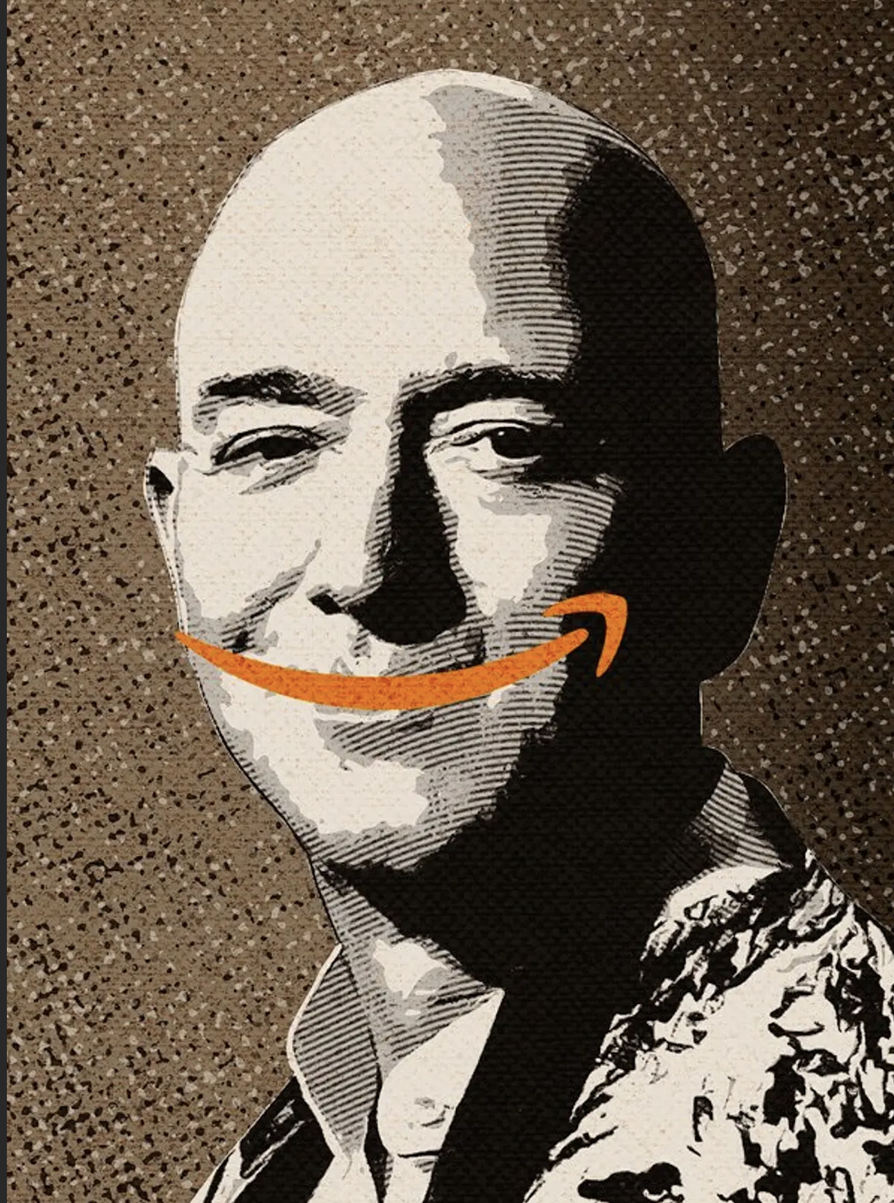 Il logo di Amazon è usato in modo ironico come se fosse un sorriso sul volto di Jeff Bezos